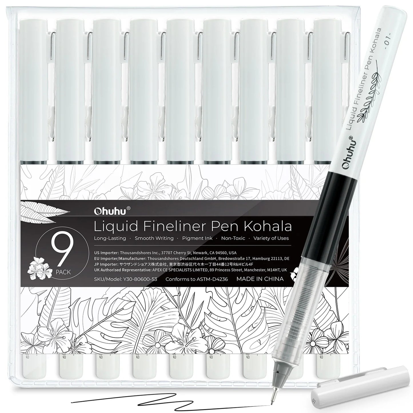 Ohuhu Kohala flydende fineliner tegnepenne, 9 stk.