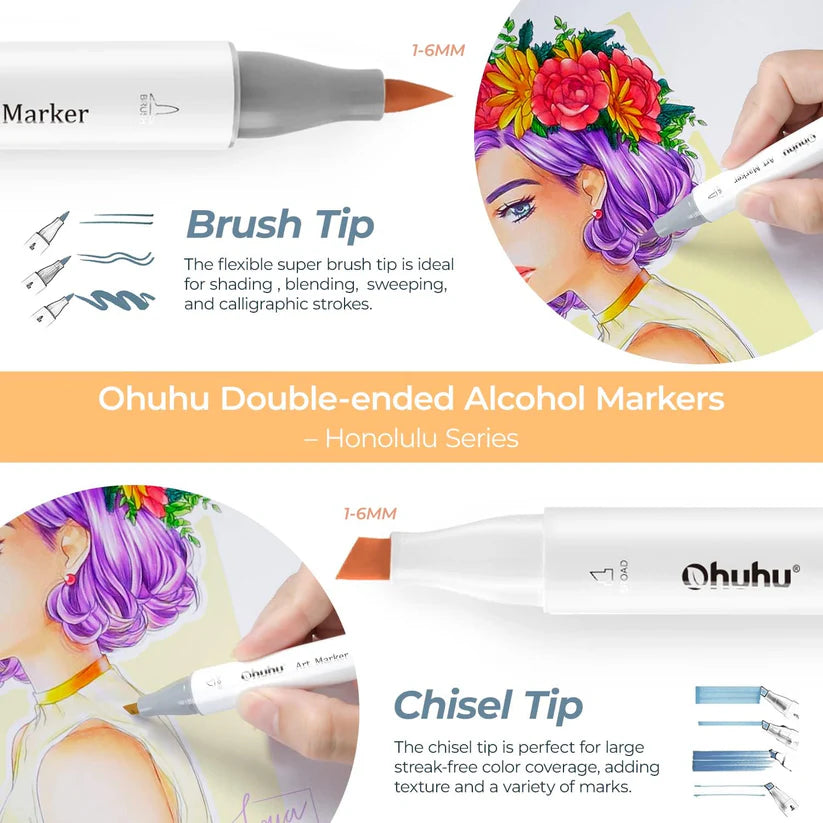 Ohuhu Honolulu Markers 48 farver (Brush & Chisel Tip)
