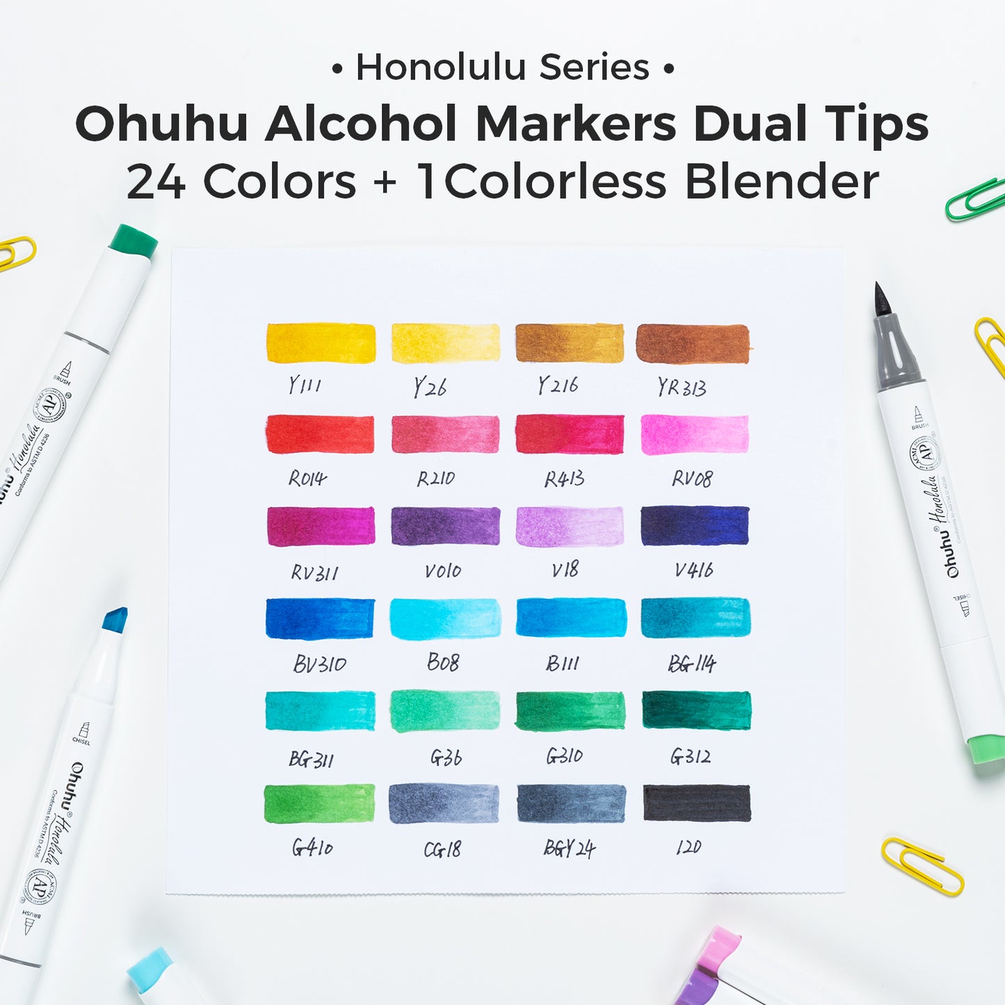 Ohuhu Honolulu Markers 24 farver (Brush & Chisel Tip)
