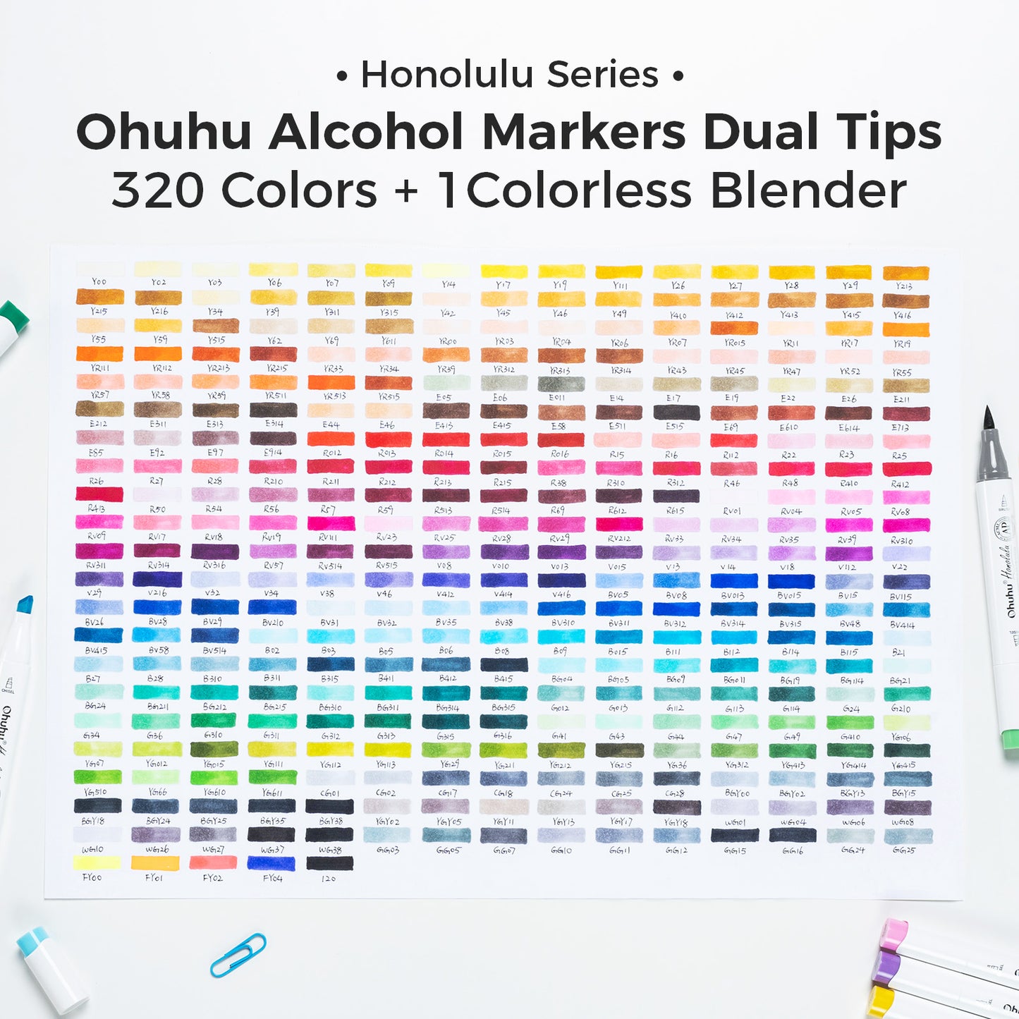 Ohuhu Honolulu Markers 320 farver (Brush & Chisel Tip)
