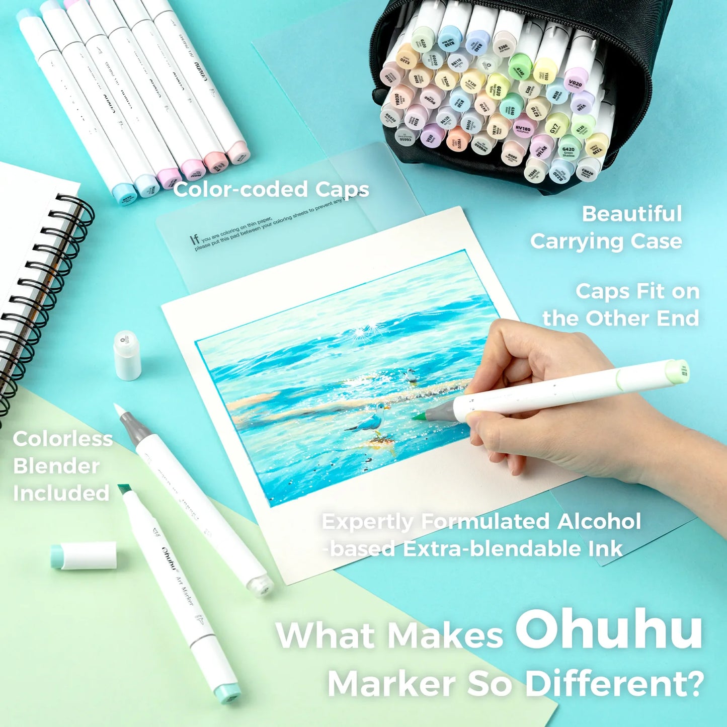 Ohuhu Honolulu "Sweetness" 48 Pastel farver (Brush & Chisel Tip)