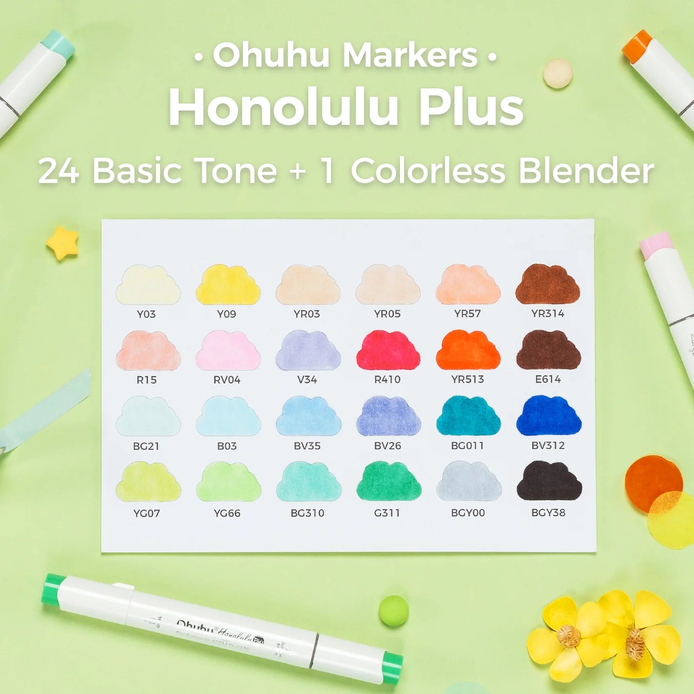 Ohuhu Honolulu Plus 24 farver (Supreme Brush & Chisel Tip)