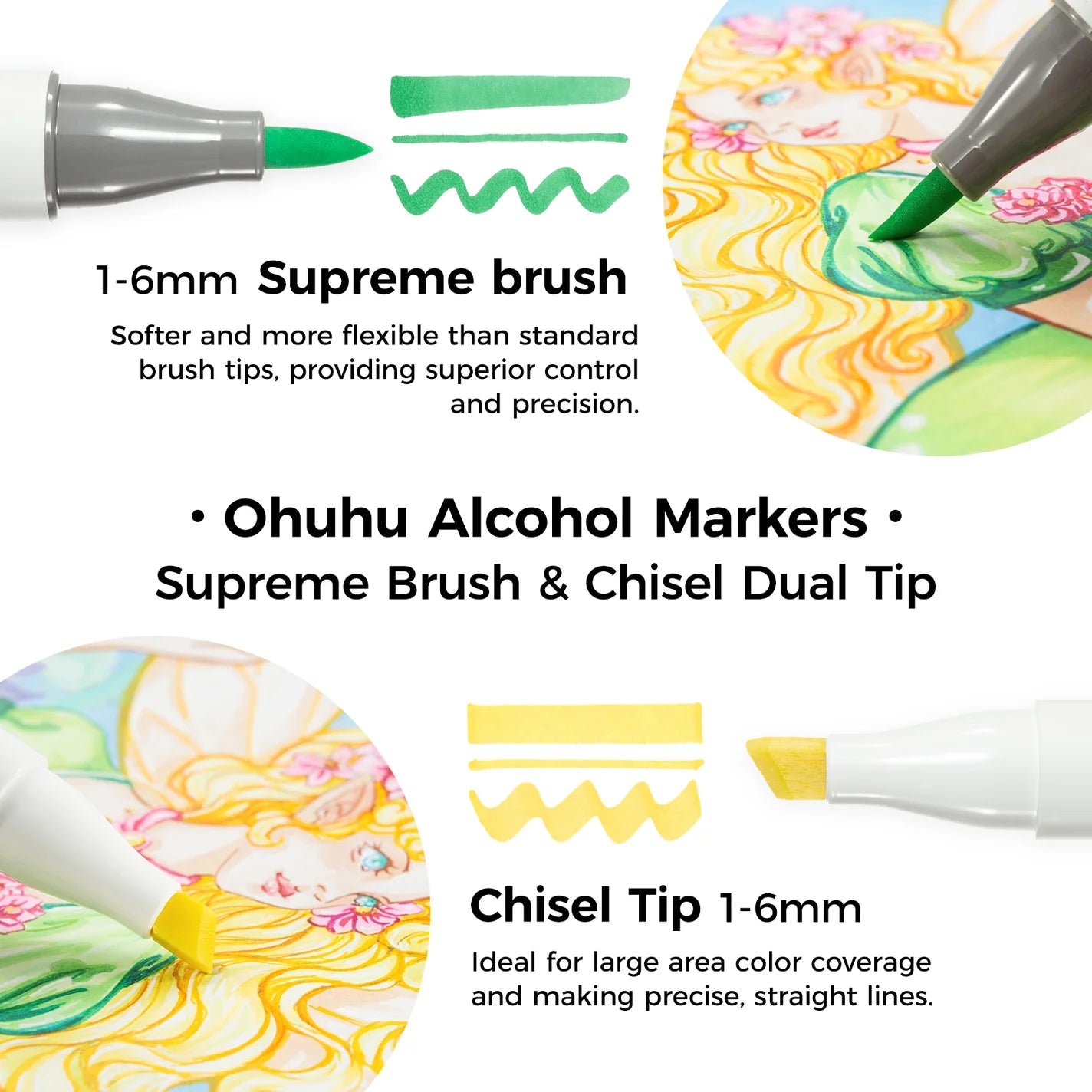 Ohuhu Honolulu Plus 24 farver (Supreme Brush & Chisel Tip)