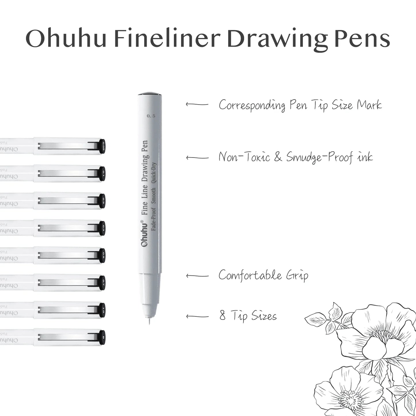Ohuhu Fineliner Drawing Pens, 8 Pack