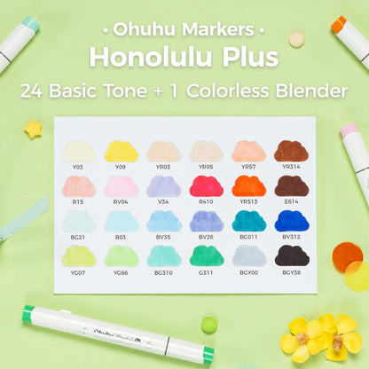 Ohuhu Honolulu Plus 24 farver (Supreme Brush & Chisel Tip)