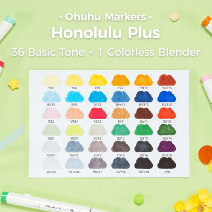 Ohuhu Honolulu Plus 36 farver (Supreme Brush & Chisel Tip)